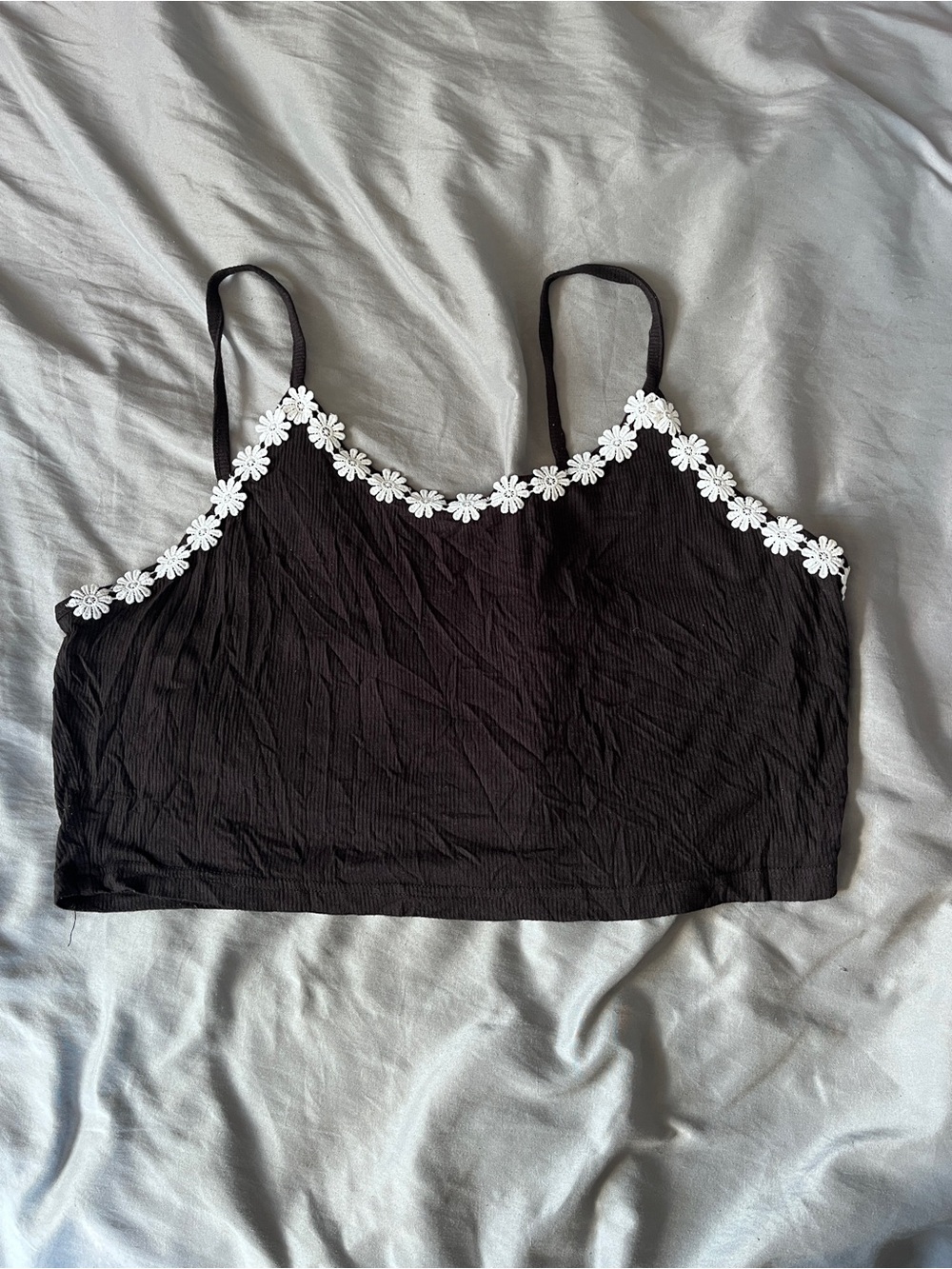 SHEIN Black Crop Top with White Daisy Lace